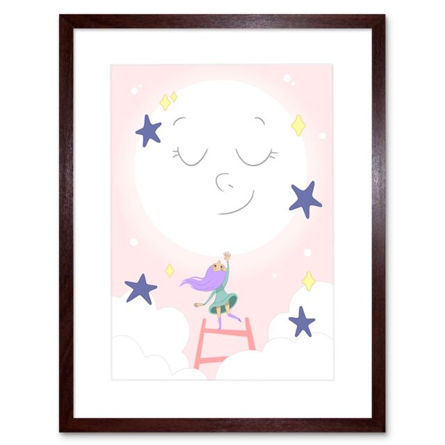 "Artery8 Wall Art Print Girls Moon Climber Art Framed 9x7 inch in Brown - Size: W7"" x H9""" - image 1