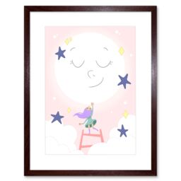 "Artery8 Wall Art Print Girls Moon Climber Art Framed 9x7 inch in Brown - Size: W7"" x H9""" - thumbnail 1