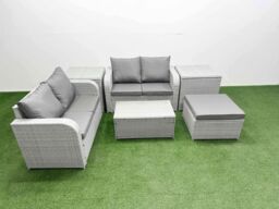Fimous 5 Seater Outdoor Love Sofa Set Rattan Garden Furniture Set with Rectangular Coffee Table Big Footstool 2 Side Tables Light Grey - thumbnail 2