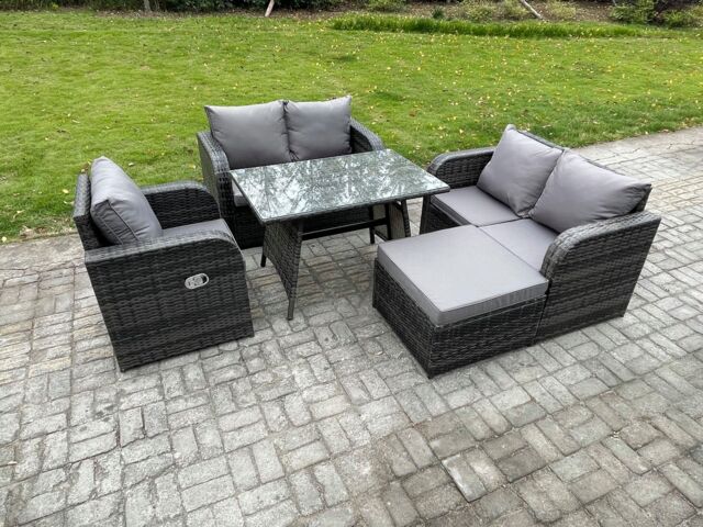 Fimous Outdoor Garden Dining Sets Rattan Furniture With Dining Table Armchairs Love Sofa Big Footstool Dark Grey Mixed - image 1