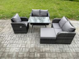 Fimous Outdoor Garden Dining Sets Rattan Furniture With Dining Table Armchairs Love Sofa Big Footstool Dark Grey Mixed - thumbnail 2