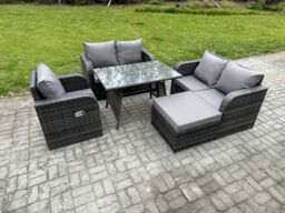 Fimous Outdoor Garden Dining Sets Rattan Furniture With Dining Table Armchairs Love Sofa Big Footstool Dark Grey Mixed - thumbnail 1