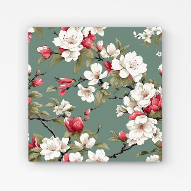 Warren Reed - Designer Pink & White Blossom Canvas in Green - Size: w10 inch x h10 inch - image 1