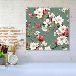 Warren Reed - Designer Pink & White Blossom Canvas in Green - Size: w10 inch x h10 inch - thumbnail 2