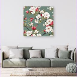 Warren Reed - Designer Pink & White Blossom Canvas in Green - Size: w10 inch x h10 inch - thumbnail 4