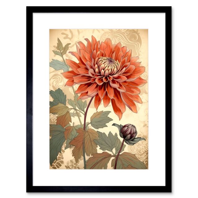"Artery8 Wall Art Print Pastel Colour Orange Dahlia Flower with Patterns Artwork Framed 9X7 Inch in Black - Size: W7"" x H9""" - image 1