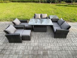 Fimous Rattan Garden Furniture Sets 8 Seater Patio Outdoor Rising Lifting Table Sofa Set with Double Seat Sofa Side Table in Dark Grey - thumbnail 2