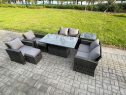 Fimous Rattan Garden Furniture Sets 8 Seater Patio Outdoor Rising Lifting Table Sofa Set with Double Seat Sofa Side Table in Dark Grey - thumbnail 1