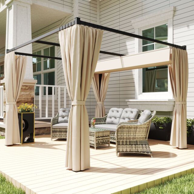 OUTSUNNY 3 x 3(m) Pergola with Retractable Roof & Curtains in Beige - image 1