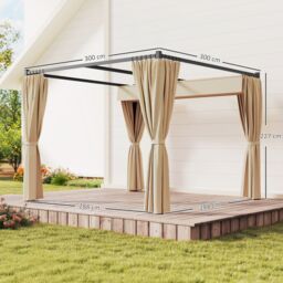 OUTSUNNY 3 x 3(m) Pergola with Retractable Roof & Curtains in Beige - thumbnail 3