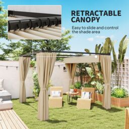 OUTSUNNY 3 x 3(m) Pergola with Retractable Roof & Curtains in Beige - thumbnail 4