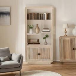 Indian Hub Hudson Carved Bookcase - Mango Wood - L35 x W80 x H165 cm in Light Brown - thumbnail 4