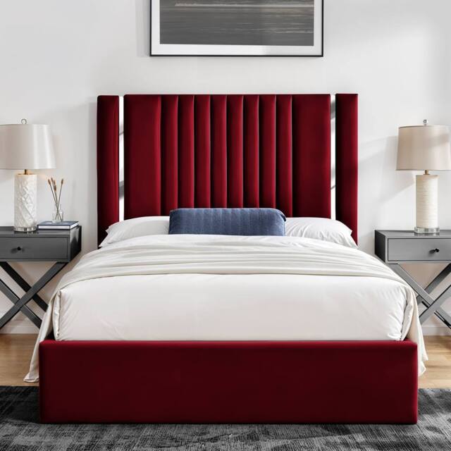 UK Bed Furniture Valencia Slatted Base Upholstered Bed with 48 Inch Panel Headboard in Maroon - Size: Double - image 1
