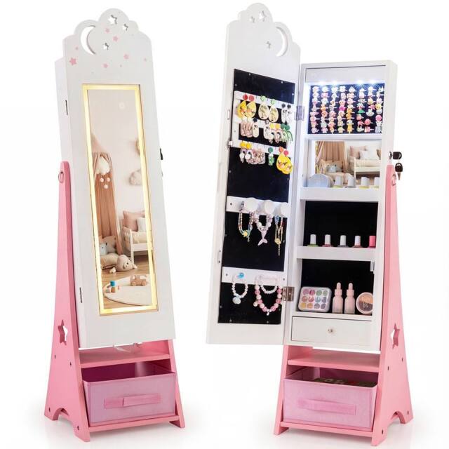 Costway Kids Jewelry Cabinet w/Lights Jewelry Organizer w/ Full-Length Mirror in White - image 1