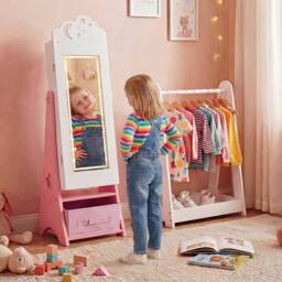 Costway Kids Jewelry Cabinet w/Lights Jewelry Organizer w/ Full-Length Mirror in White - thumbnail 5