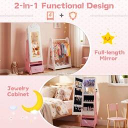 Costway Kids Jewelry Cabinet w/Lights Jewelry Organizer w/ Full-Length Mirror in White - thumbnail 7