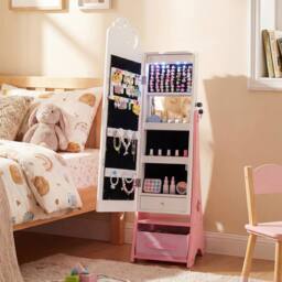 Costway Kids Jewelry Cabinet w/Lights Jewelry Organizer w/ Full-Length Mirror in White - thumbnail 3