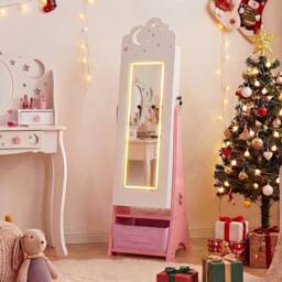Costway Kids Jewelry Cabinet w/Lights Jewelry Organizer w/ Full-Length Mirror in White - thumbnail 6