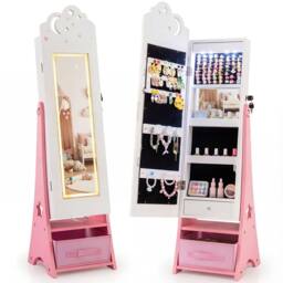 Costway Kids Jewelry Cabinet w/Lights Jewelry Organizer w/ Full-Length Mirror in White - thumbnail 1