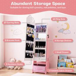 Costway Kids Jewelry Cabinet w/Lights Jewelry Organizer w/ Full-Length Mirror in White - thumbnail 8