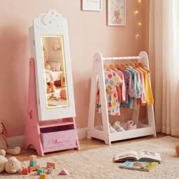 Costway Kids Jewelry Cabinet w/Lights Jewelry Organizer w/ Full-Length Mirror in White - thumbnail 4