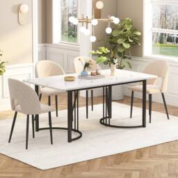 BTM Rectangular dining table with metal frame marble top adjustable feet in White