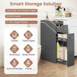 CASART Slim Bathroom Storage Cabinet Wooden Toilet Side Cabinet w/ Drawers in Grey - thumbnail 7