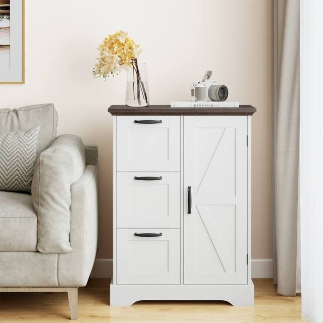 Costway Floor Cabinet Farmhouse Accent Cabinet with 3 Storage Drawers in White - image 1