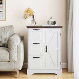 Costway Floor Cabinet Farmhouse Accent Cabinet with 3 Storage Drawers in White - thumbnail 1