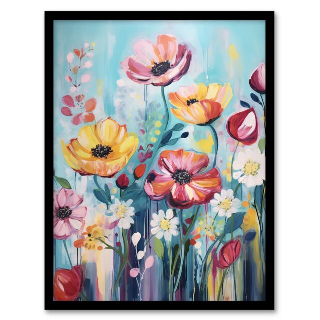 "Artery8 Wall Art Print Teal Pink Yellow Flowers Elegant Watercolour Artwork Wildflower Meadow Art Framed in Black - Size: W12"" x H16""" - image 1