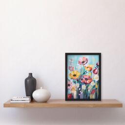 "Artery8 Wall Art Print Teal Pink Yellow Flowers Elegant Watercolour Artwork Wildflower Meadow Art Framed in Black - Size: W12"" x H16""" - thumbnail 4