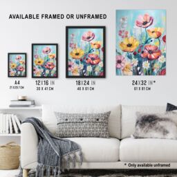 "Artery8 Wall Art Print Teal Pink Yellow Flowers Elegant Watercolour Artwork Wildflower Meadow Art Framed in Black - Size: W12"" x H16""" - thumbnail 3