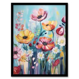 "Artery8 Wall Art Print Teal Pink Yellow Flowers Elegant Watercolour Artwork Wildflower Meadow Art Framed in Black - Size: W12"" x H16""" - thumbnail 1