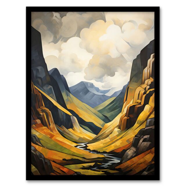 "Artery8 Wall Art Print Glencoe Gorge Sunlight Breaking Through Clouds Oil Painting National Park Reserve Art Framed in Black - Size: W12"" x H16""" - image 1