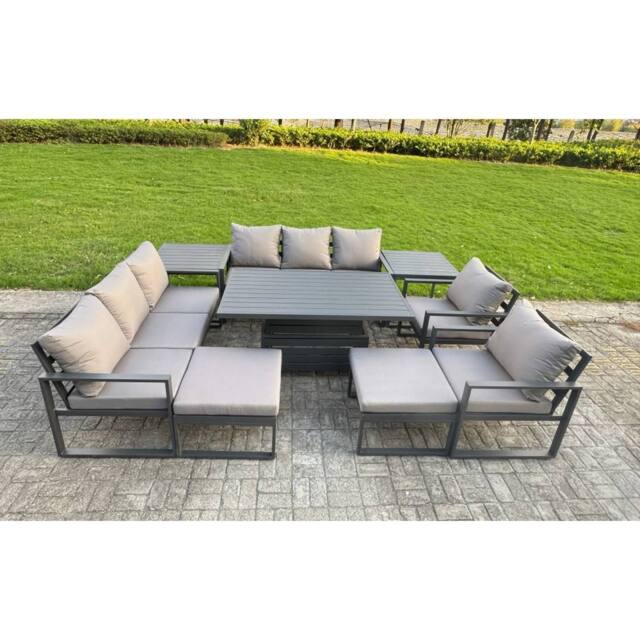 Fimous Aluminum 10-Seater Patio Set with Lifting Table, 2 Side Tables in Dark Grey - image 1