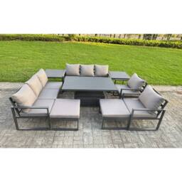 Fimous Aluminum 10-Seater Patio Set with Lifting Table, 2 Side Tables in Dark Grey - thumbnail 1