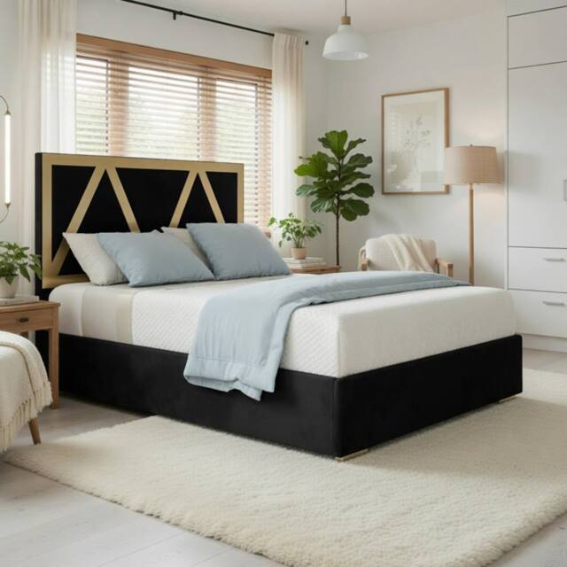Casani Claverdon Upholstered Soft Velvet Black Metal Designer Bed Frame - Size: Double - image 1