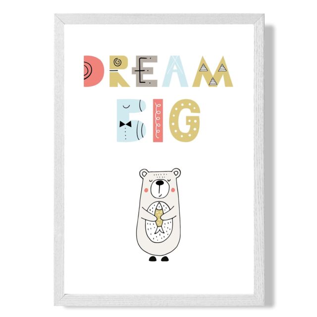 ARTZE Cute Dream Big Bear Scandi Quote Framed Print SIZE: A3 with White Frame in Pale Blue - Size: A4 - image 1