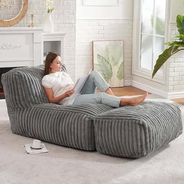 Direct Wicker Modular Bean Bag Lounge Sofa with Ottoman, Plush Corduroy Fabric in Light Grey - Size: 1 Pack - image 1