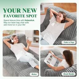 Direct Wicker Modular Bean Bag Lounge Sofa with Ottoman, Plush Corduroy Fabric in Light Grey - Size: 1 Pack - thumbnail 3