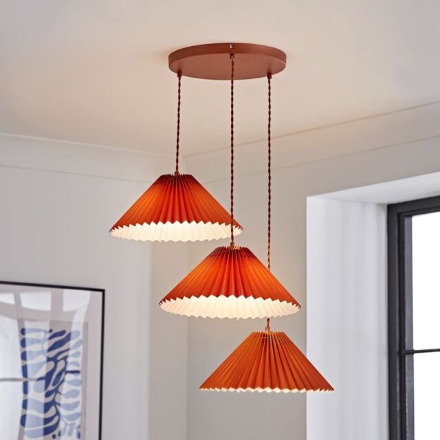 ValueLights Akira Pleated 3 Way Triple Drop Ceiling Pendant Light with LED Bulbs in Burnt Orange - image 1