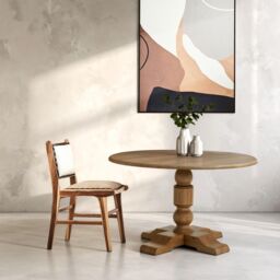 Orsina Oak Wood Natural Round Dining Table, Dining Room Table with Carved Base, Artistic Dining Table for Kitchen
