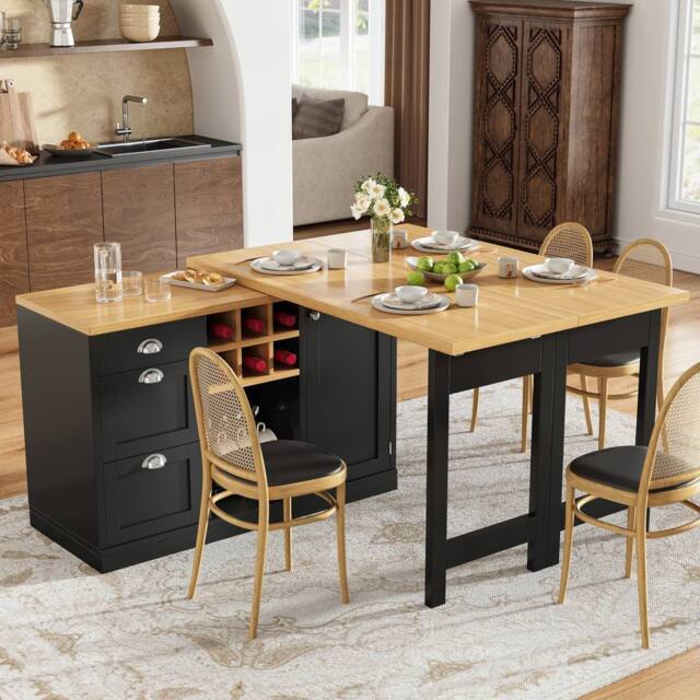 Merax Kitchen Island Sideboard with Extendable Dining Table, Wine Rack in Black - image 1
