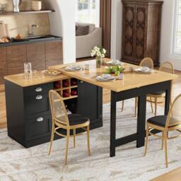 Merax Kitchen Island Sideboard with Extendable Dining Table, Wine Rack in Black - thumbnail 1