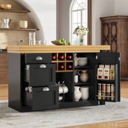 Merax Kitchen Island Sideboard with Extendable Dining Table, Wine Rack in Black - thumbnail 3