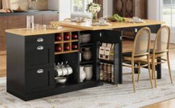 Merax Kitchen Island Sideboard with Extendable Dining Table, Wine Rack in Black - thumbnail 5