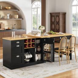 Merax Kitchen Island Sideboard with Extendable Dining Table, Wine Rack in Black - thumbnail 4