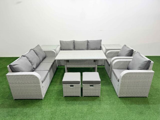 Fimous PE Rattan High Back Lounge Sofa Set Patio Rectangular Dining Table & Chairs Set w/ 3 Seater Sofa Reclining Chair Stools 2 Side Table Light Grey - image 1