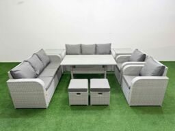 Fimous PE Rattan High Back Lounge Sofa Set Patio Rectangular Dining Table & Chairs Set w/ 3 Seater Sofa Reclining Chair Stools 2 Side Table Light Grey - thumbnail 2