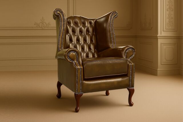 Somnior Leather Chesterfield Wingback Scrolled Arm Chair UK Manufactured in Tan - Size: 1 Seater - image 1